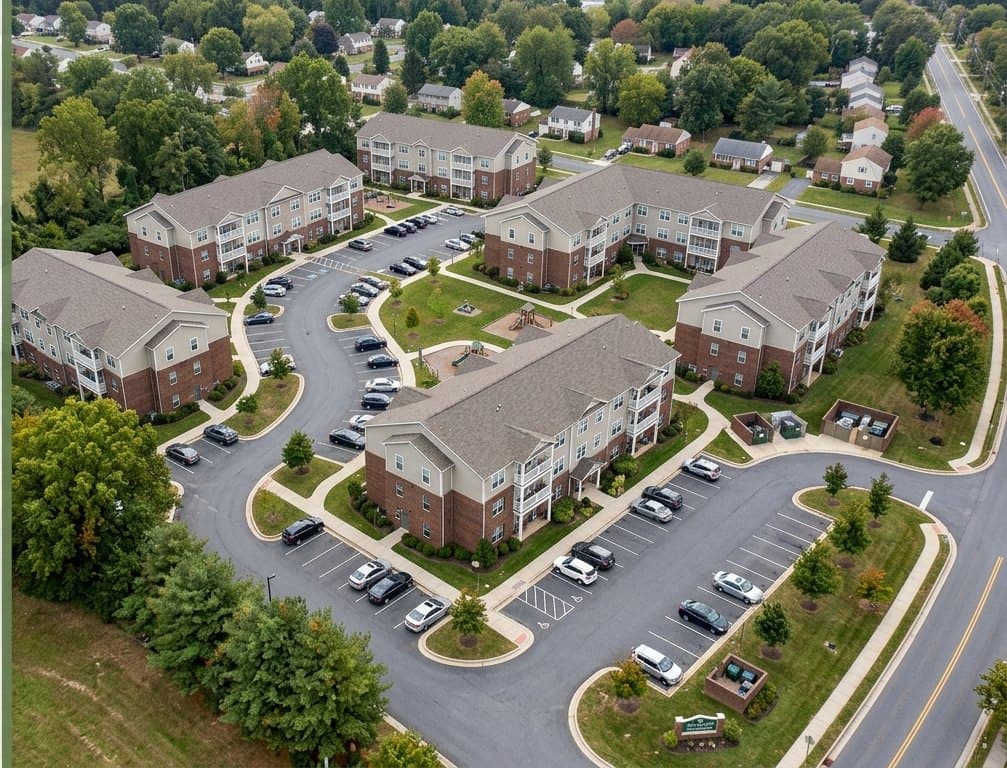 Aerial view of a multi-building residential housing complex