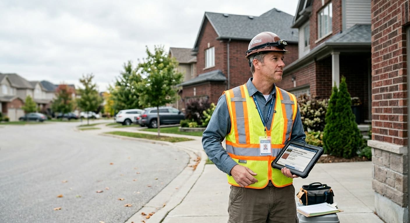 Municipal inspector documenting a property on a tablet in a residential neighborhood