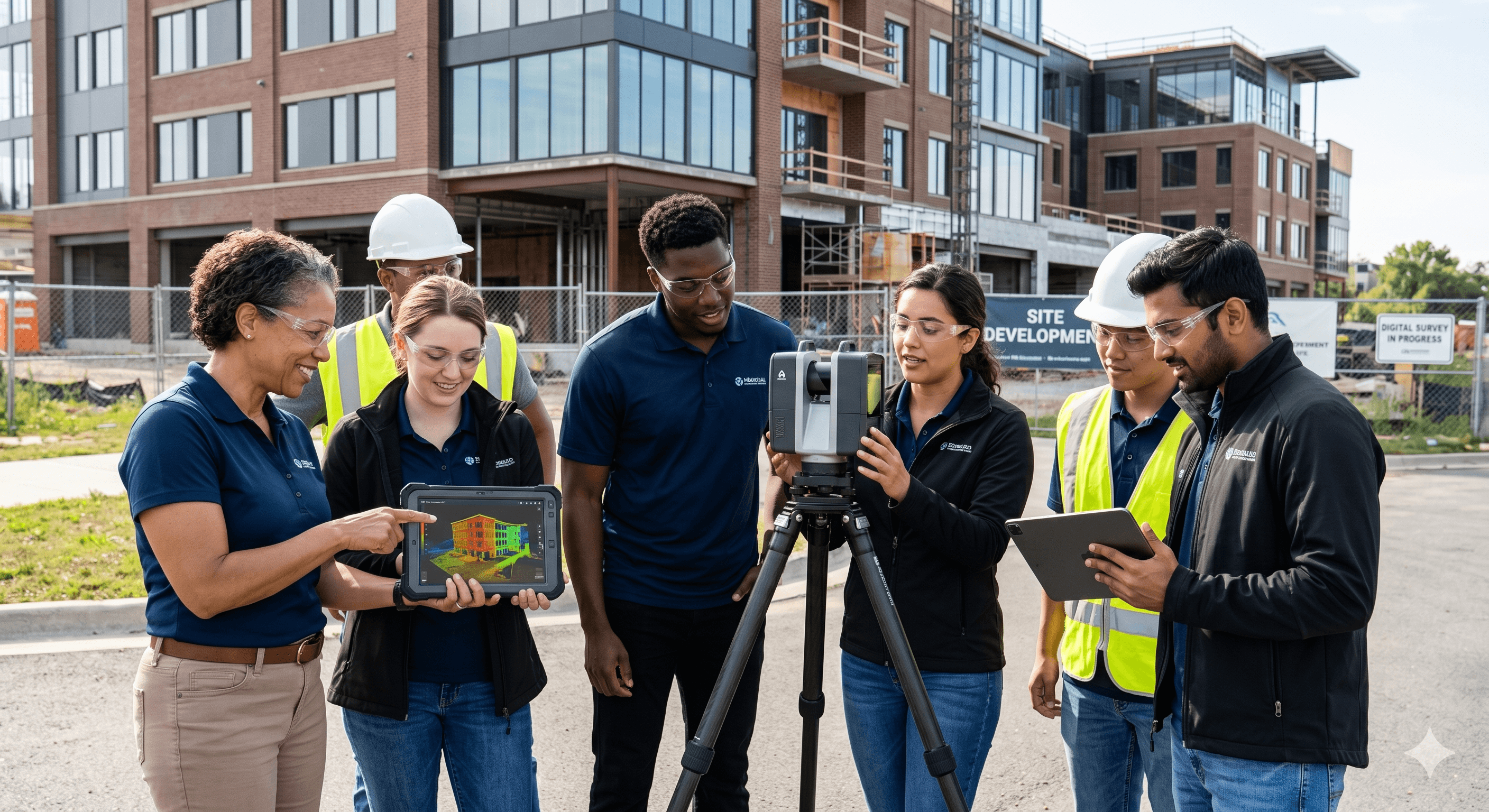 Workforce training participants learning LiDAR scanning and drone documentation in the field